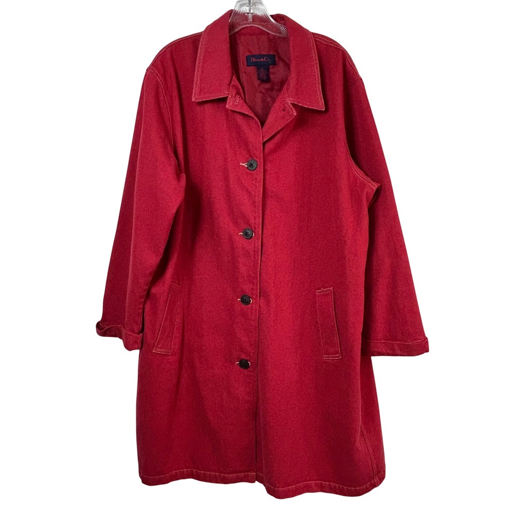 Denim & Co Red Cotton Denim Longline Button Front Car Coat Jacket Plus 1X